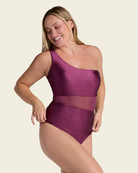 Bañador entero de un solo hombro con compresión suave de abdomen bajo#color_466-vinotinto