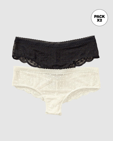 Paquete de 2 braguitas tipo culotte en encaje y blonda#color_s41-perla-negro