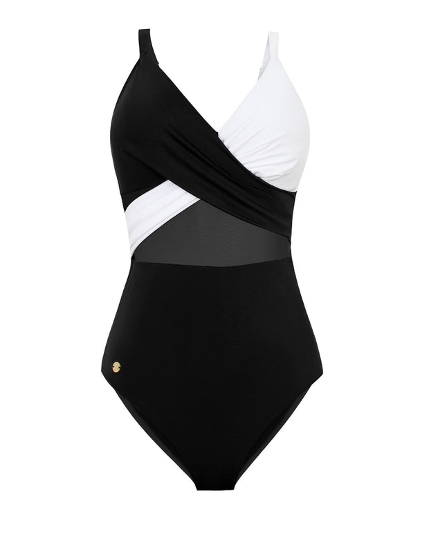 Bañador entero control suave de abdomen elaborado con nylon reciclado#color_701-negro-blanco