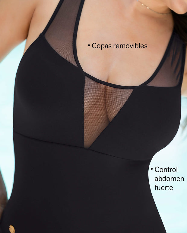 Bañador entero de control fuerte con detalles en tul - Hasta 2 cm menos#color_700-negro