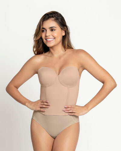 Bustier largo sin tirantes de base ancha con varillas frontales y laterales#color_802-habano-claro